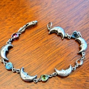 925 Italy Silver Moons and Multi-Color Heartshape Rhinestones Bracelet.